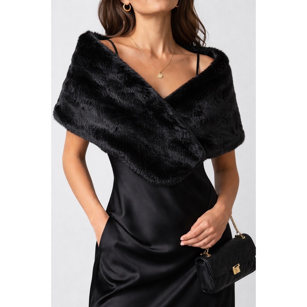Zara Accessories Black Faux Fur Stole Wrap Shrug Crossover Evening Scarf‎ 63in